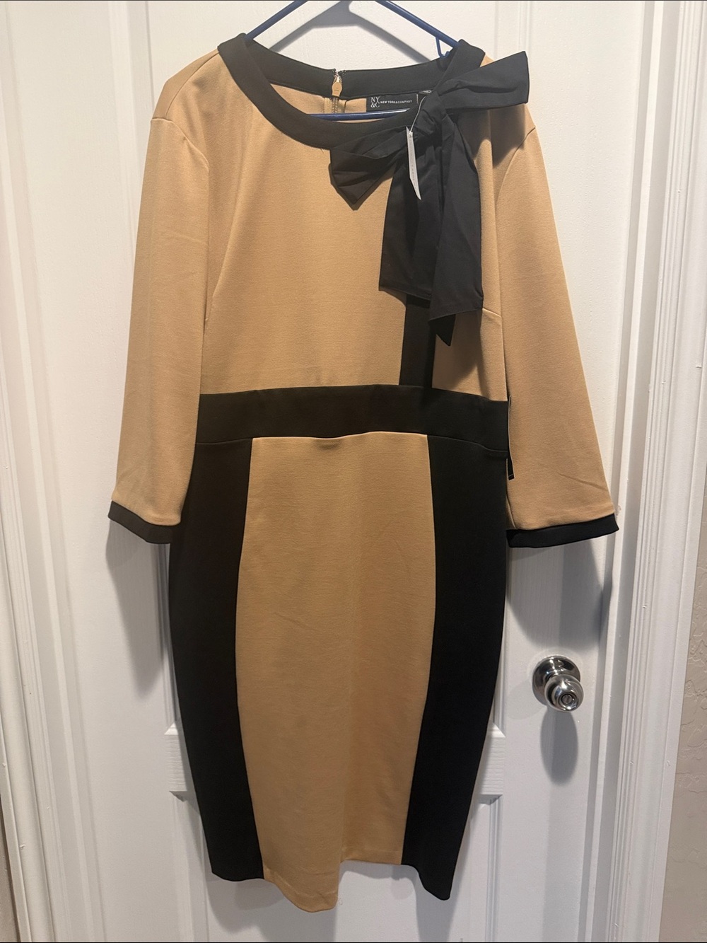 New York & Company Camel and Black Bow-Detail Sheath Dress